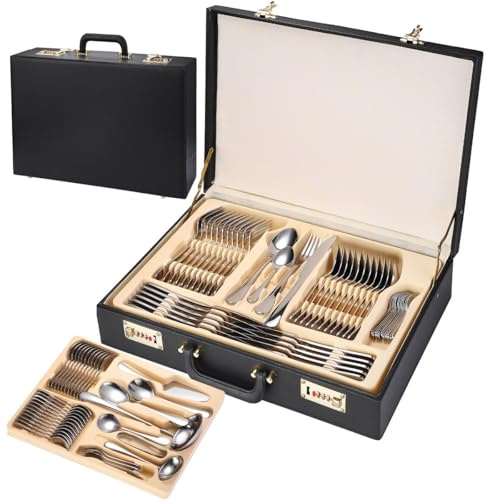 GZKDKZB Set di Posate in Acciaio Inossidabile da 72/84 Pezzi con Custodia in Pelle, Set di Posate Oro/Argento, Set di cucchiai e Posate lucidati a Specchio, Kit di coltelli, forchette e cu