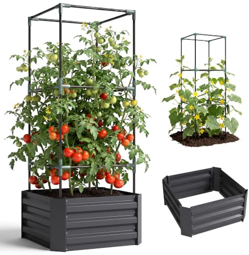 Outsunny Hochbeet mit Rankhilfe Höhenverstellbar Dunkelgrau 61x61x140 cm | Blumenkasten mit Offenem Boden, Gemüsebeet, Pflanzkasten, Kräuterbeet für Garten, Balkon, Verzinkter Stahl