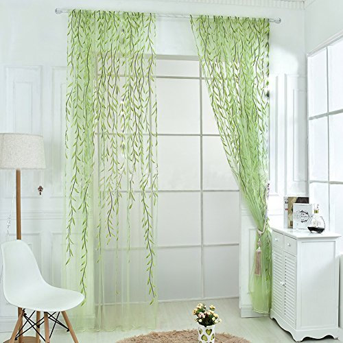 Cutefly Vorhang aus Voile, Tüll, grün, 2 Stück, Salix-Blätter, Weidenmotiv, durchscheinend, für Zimmerfenster, Textil, lichtgrün, 100 * 200cm