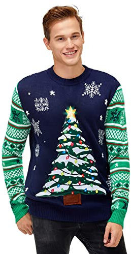 U LOOK UGLY TODAY Weihnachtspullover Herren Damen Unisex LED Licht Lustig Sweater Pulli Hässlich Xmas Strickpullover Weihnachtspulli mit LED Lampe für Weihnachtsparty Weihnachtsbaum M