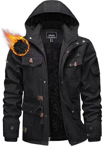 KEFITEVD Herren Winterjacke Gefüttert Fleecejacke Herren mit Abtrennbarer Kapuze Cargo JackeKapuzenjacke Freizeit Mantel Schwarz XL