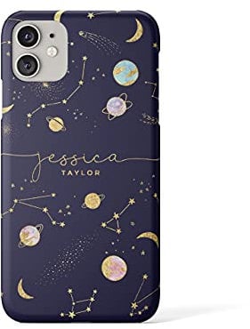 Tirita Personalised Initials Custom Hard Phone Case Compatible with iPhone 11 Pro PRINTED GLITTER, NOT REAL GLITTER Space Stars Moon Planets Navy Blue Constellation