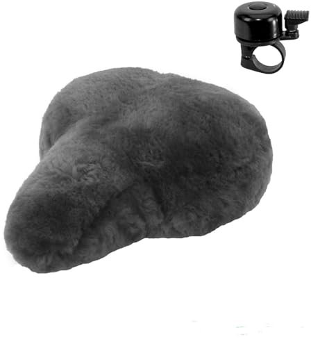 Sattelschonbezug Satteldecke Fahrradsattelschutz echtes Lammfell XL Grau inkl. Fahrradklingel