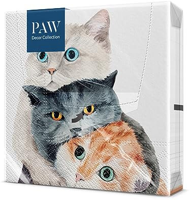 PAW - Servietten 3-lagig (33 x 33 cm) I 20 Stück I Perfekt für Kindergeburtstage, Partys, Kommunion und Feiern I Papierservietten Bunt mit Party Motiv I Katzen, Freude, Party - Better Together