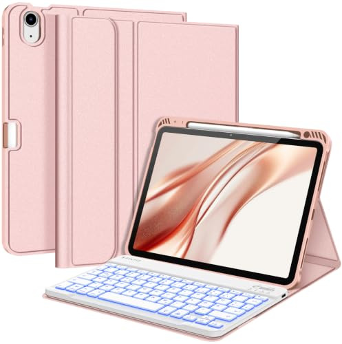 FINTIE Hülle mit Tastatur für iPad Air 11 Zoll(M4/M3/M2),iPad Air 5/4 10.9 | 7-farbig beleuchtete, magnetisch abnehmbare Tastatur, TPU-Rückseite, Schutzhülle mit Stifthalter, QWERTZ, Roségold
