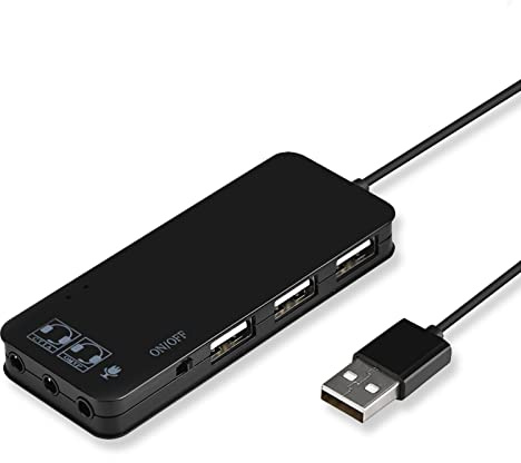 2 in 1 3-Port USB 2.0 Hub + 7.1 Soundkartenadapter, Multi Port Splitter mit 2 Kopfhörer- und Mikrofonanschlüssen, für Mac, für Android, für Windows PC Tablet(Schwarz)
