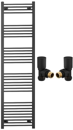 Myhomeware 600mm Wide Straight Black Heated Bathroom Towel Rail Radiator With Valves For Central Heating UK (With Black Angled Valves, 600 x 1800mm (h))