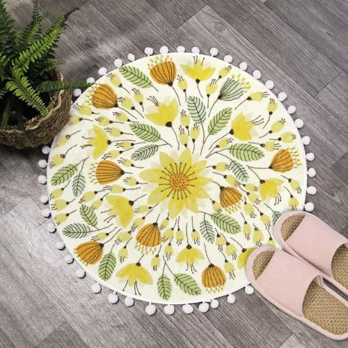 Uphome Runder Teppich, 51 cm, niedlicher Badteppich mit Pompons, Fransen, Blumenmuster, waschbar, Badezimmerteppich, weich, rutschfest, runder Überwurf, Teppich für Dusche, Waschbecken, Puderzimmer,