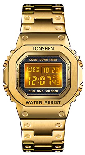 TONSHEN Herrenuhr Edelstahl Digitaluhr Sportuhr LED Elektronik Outdoor Multifunktional Doppelte Zeit Countdown Alarm Stoppuhr Uhren Casual Armbanduhr (Gold)