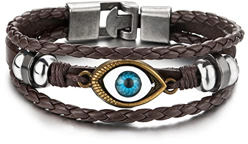 DREI Reihen Bösen Blick Blatt Leder Charms - Armband für Herren für Jungen für Damen Braun Leder Wickeln Schweißband