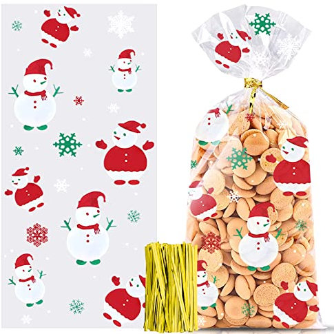 100 Stück Weihnachten Süßigkeiten Tüten, Cellophantüten, Schneeflocke Weihnachten Plätzchentüten, Kekse Goody Taschen mit 100 Stück Twist Krawatten für Plätzchen Kekse Pralinen (Schneemann)