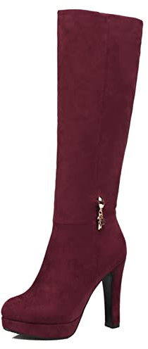 Bviennic Donna Eleganti Plateau Tacco Alto Warm Vestito Stivali Alti Serata Punta Rotonda Moda Tacco A Blocco Stivali Equitazione Vino Rosso Numero 33 Eu