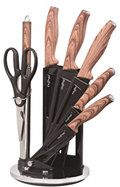 Cheffinger 8 tlg Messerset Kochmesser Messerständer drehbar Edelstahl Messer Rostfrei Holzoptik