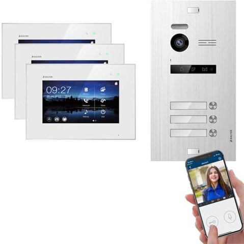 Balter EVO SILVER Video-Türsprechanlage 7 WIFI Monitor Touchscreen 2-Draht BUS Komplettsystem für 3 Familienhaus (3x7 Wifi Videostation, Türstation, EVO-C4001 Hauptstromverteiler) App Steuerung
