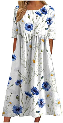 AMhomely 2023 Women Casual Sexy Round Neck Printing Summer Short Sleeve Pockets Dress Dark Blue