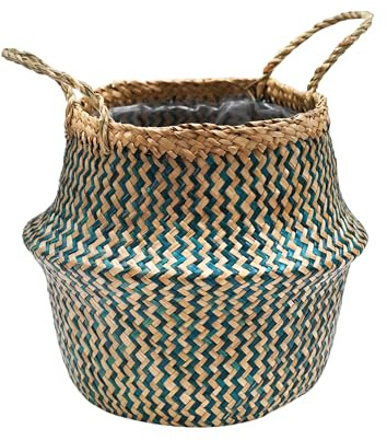 Ivyline Medium Seagrass Chevron Lined Basket in Teal - Waterproof and Lightweight - Woven Seagrass Holder with Handles for Houseplants - H30cm x D35cm