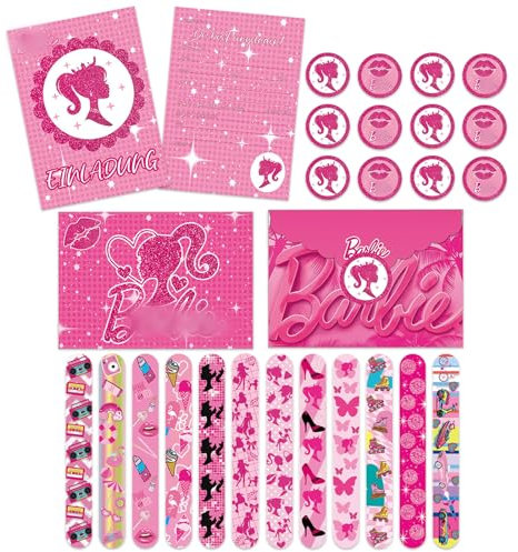 48Pcs Kinder Barbiprinzessin Geburtstag Mitgebsel, Bar-bi Einladungskarten Geburtstag + Schnapparmband Kinder + Umschlag + Runder Aufkleber, Barbiprinzessin Party Mitgebsel