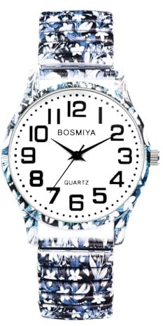 JewelryWe Uhren Damen Edelstahl Elastisch: Vintage Boho Analog Quarz Armbanduhr Frauen Bedruckte Blumenmuster Edelstahl Stretch Armband Uhr mit ultraklaren großen arabischen Zahlen Zifferblatt