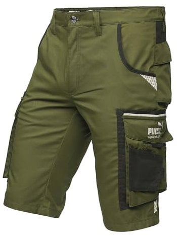 PUMA Workwear Precision X Arbeitsshorts - Kurze Arbeitshose Herren - Robustes, Flexibles Material - Viele Taschen und Reflektoren - Bequeme Passform für Handwerk Gewerbe - Oliv/Schwarz - Gr. 52