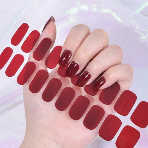 22PCS Semi Cured Gel Nail Polish Strips, Wine Red Self Adhesive Gel Nail Stickers French Tip Manicure Nail Wraps, Solid Color Full Wraps Nail Polish Stickers Salon-Quality for Women Girls DIY Nail Art
