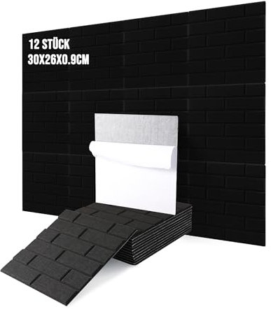 Ezcasch 12 Pièces Panneaux Acoustiques Autocollants Forme Brique, Isolation Phonique Carreaux Muraux, Panneaux Insonorisés Auto-adhésifs Haute Densité pour Bureaux/Studios/Maison 30x30x0,9cm,Noir