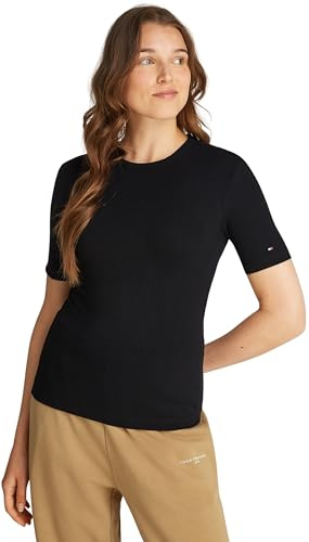 Tommy Hilfiger Damen T-Shirt Kurzarm Rib Rundhalsausschnitt, Schwarz (Black), M