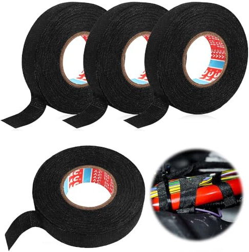 mizikuu 4 Stück KFZ Gewebeband, 19mm x 15m Isolierband für Kabelbäume Klebeband Selbstklebendes Geräuschdämpfung Kabelweben Band für Verdrahtungsprojekte und Reparaturen, Schwarz