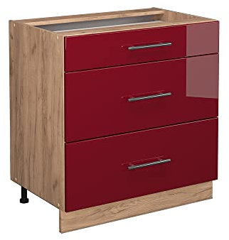Vicco Küchenunterschrank Fame-Line, Bordeaux Hochglanz/Goldkraft Eiche, 80 cm mit 3 Schubladen, AP Marmor