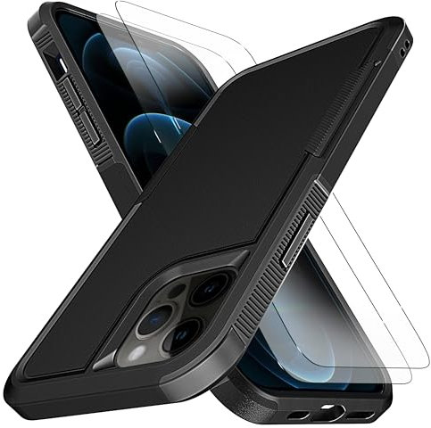 KaiMai for iPhone 12 Case,iPhone 12 Pro Case, [10 FT Military Grade Drop Protection] [Non-Slip] [2 pcs TPE HD Screen Protector] Heavy Duty Full-Body Shockproof Case for iPhone 12/12 Pro 6.1“-Black