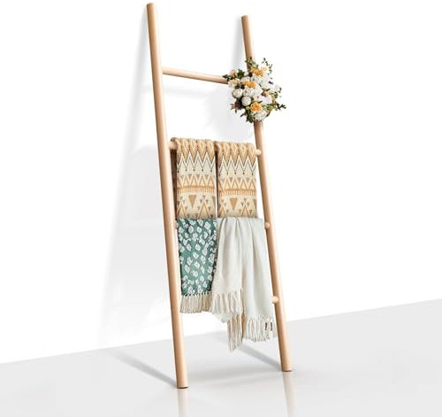 DOZILY Natural Solid Wood Blanket Ladder Holder, Decorative 4 Tier 5ft Rustic Wall Leaning Stand Rack for Bedroom Living Room Bathroom (Natural Wood)