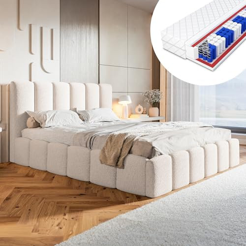 MOTIVENA Nunu Bubble Polsterbett 120x200 mit Bettkasten, Bubble Bett 120x200 mit Matratze und Lattenrost, Bett Kopfteil Boucle, Matratze H3, Bett Boucle, Polsterbett 120x200 Weiß Milch