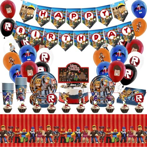 Luclay Gamer Party Decorations, Balloons Tableware Set - 95Pcs Birthday Decorations, Birthday Party Supplies, Plates Cups and Napkins and Tablecloth for boys Kids