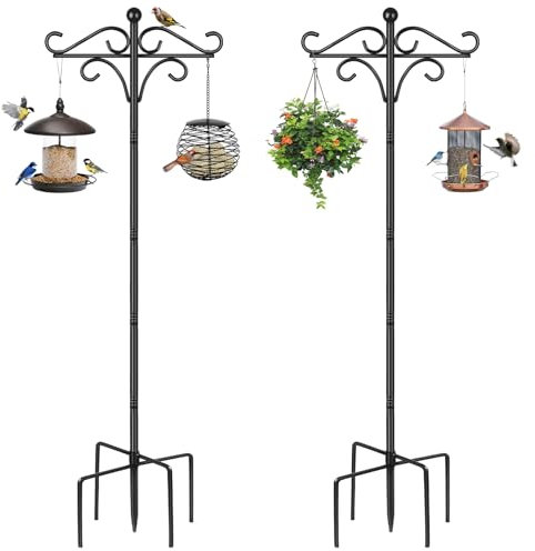 2 Pack Bird Feeders Hanging Station, 195cm Free Standing Wild Bird Feeder Poles and Hangers Heavy Duty Metal Bird Feeding Stand Shepherd Crook Hook for Outdoor Garden Light Lantern
