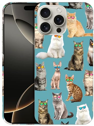 GlamCase iPhone 16 Pro Case - Cat Pattern With Sunglasses Teal Design Printed Slim & Sleek Cute Plastic Hard Protective Designer Back Phone Case/Cover for iPhone 16 Pro
