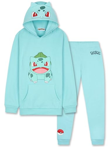 Pokemon Tracksuit for Boys & Teens, 2 Pcs Pullover Hoodie & Comfy Joggers Set, Sportswear & Loungewear, Anime Gifts for Boys (9-10 Years, Green Bulbasaur)