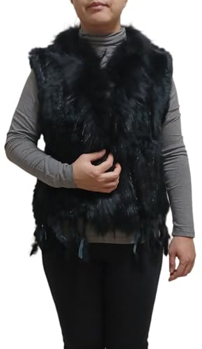 Miss Rouge Gilet sans Manche,en Fourrure Lapin, Noir,TU36-40