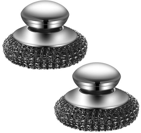 2 Stück Stahlwolle Schrubber, Stahlschwamm Stahlwoll-Schrubber mit Griff Topfreiniger Edelstahl Drahtwaschl Stahlwolle Edelstahl-Scheuerbürste Stahlschwämme