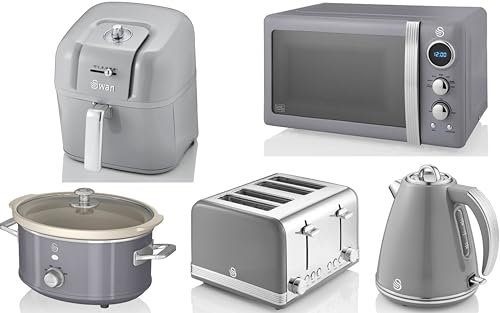 Swan Retro Grey 1.5L 3KW Jug Kettle, 4 Slice Toaster, 800W 20L Microwave, 6L Air Fryer and 3.5L Slow Cooker. Retro Design Matching Kitchen Set in Grey