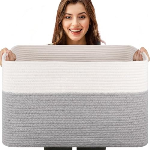 Esteopt Extra Large 65L Foldable Storage Baskets with Handles - Heavy Duty Cloth Organizer Box for Toys, Blankets, Seasonal Clothes - Collapsible Space Saving Design (55x38x30cm) (White Light grey)