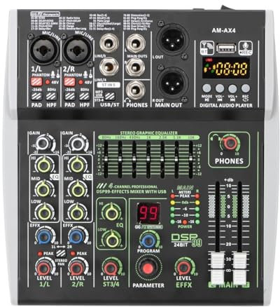 Mixer DJ, Console di missaggio a 4 canali 48V 99 Effetti DSP Mixer audio Bluetooth USB PC Riproduci la tabella dei suoni