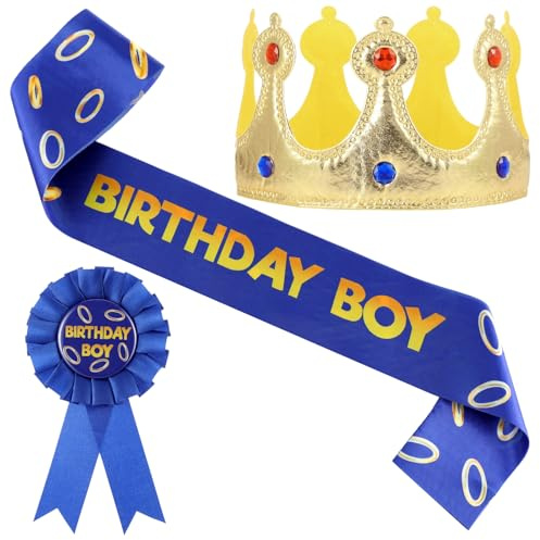 Norme 3 Pcs Birthday Boy Party Decoration Blue Golden Ring Sash Crown Set