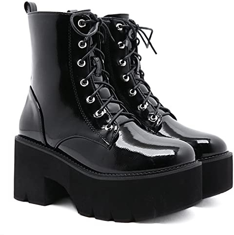 GHSIRUEU Stivaletti Anfibi con Tacco Grosso E Plateau da Donna Stringati Punk Gotici Stivali da Combattimento con Cerniera,Nero,35 EU
