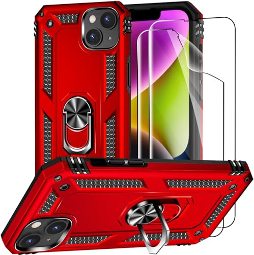 Jihucase for iPhone 14 Case with Screen Protector:[Military Grade Drop Tested] Ring Holder Kickstand Shockproof Anti-Slip Protective Phone Case for iPhone 14 6.1- Red