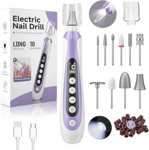 Nail Drill, Electric Nail File & 10-Speed Cordless Nail File, 10 in 1 Kit for Thick Toenails, 2000mAh Rechargeable Portable Manicure Pedicure Kit with LED Display Ideal Gift for Men & Women(Purple)