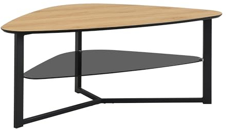 FineBuy Couchtisch nierenförmig Eiche Optik 110 cm mit Glasablage & Metallgestell, Großer Wohnzimmertisch im Retro-Design, Stabiler Sofatisch Beistelltisch Braun