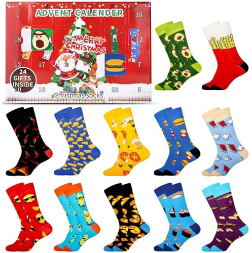 2025 Weihnachtsstrümpfe Adventskalender, Weihnachten 24 Tage Digital Countdown Blind Box Spielzeug Weihnachtsstrumpf Set, 12 Paar Unisex Socken Adventskalender, Lustige Weihnachtsstrümpfe für Männer