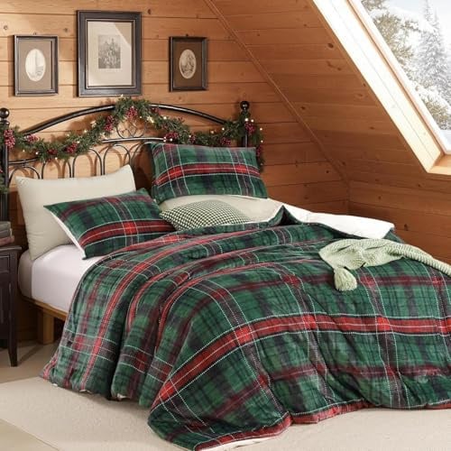 Lanqinglv Weihnachts Bettwäsche 135x200 4teilig Biber Flauschige Flanell | ÖKO-TEX Zertifiziert,Grün Kariert Gitter Winter Bettwäsche für Allergiker,2 Bettbezug mit Reißverschluss 2 Kissenbezug 80x80