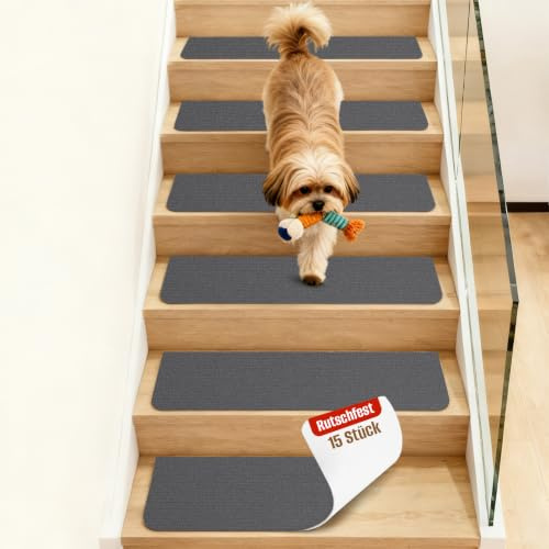 OJTOJT Stufenmatten Selbstklebend, Anti-Rutsch Treppen Teppich, 15 Stück Treppenstufen Matten, 76x20 cm Treppenschutzmatten für Innen, Ideal für Kinder, Senioren und Haustiere（Dunkelgrau）