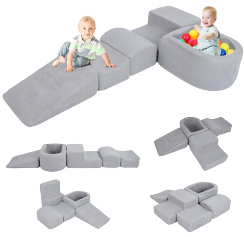 COSTWAY 5-Piece Soft Play Climbing Blocks, Baby Climb and Crawl Playset with Ball Pit, Foam Playground Montessori Toy for Toddlers (Grey Sherpa Fabric)