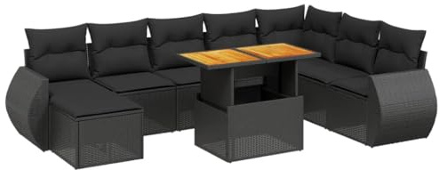 Foknhdi 9-TLG. Gartenmöbel Set Rattan Schwarz 100x55cm Tisch mit höhenverstellbarer Platte modulare Gartenlounge Eckbank Sofagarnitur platzsparend für Balkon Terrasse Outdoor